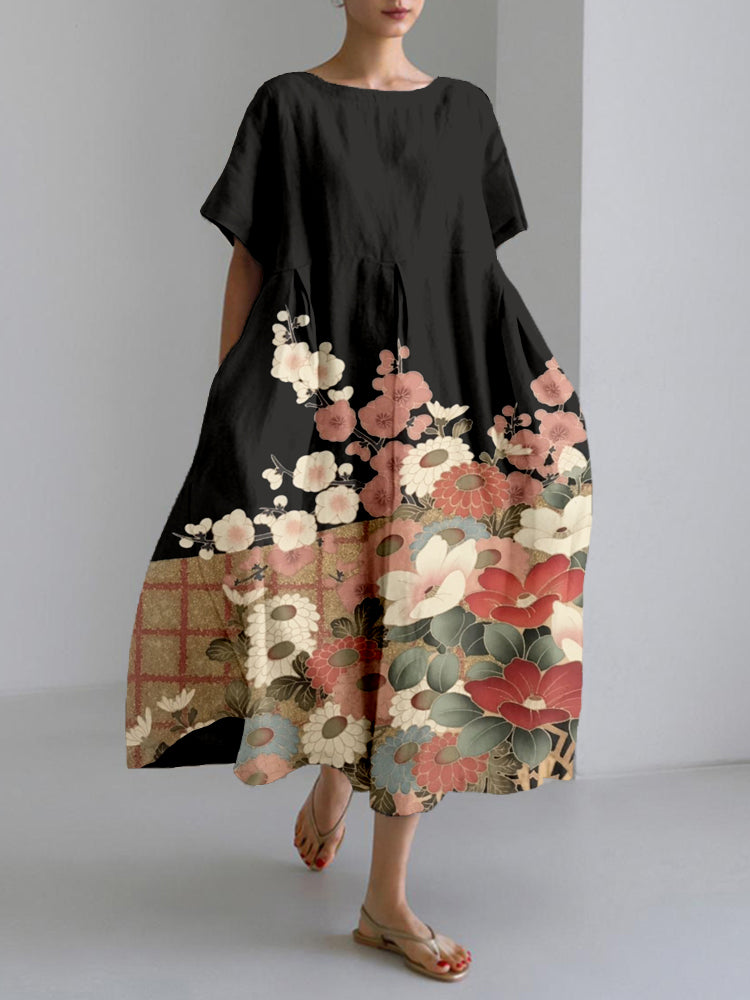 Vintage Japanese Flower Art Linen Blend Midi Dress