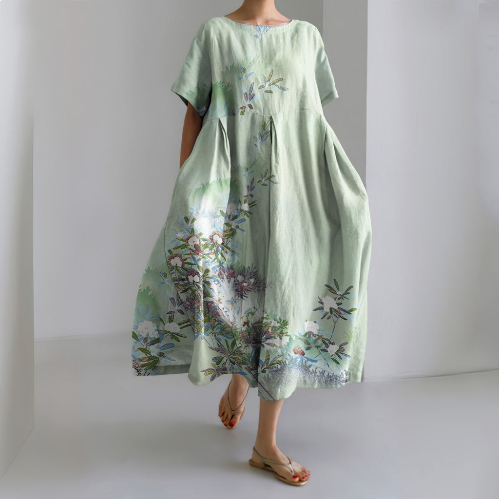 Flower Print Short Sleeve Midi Dress