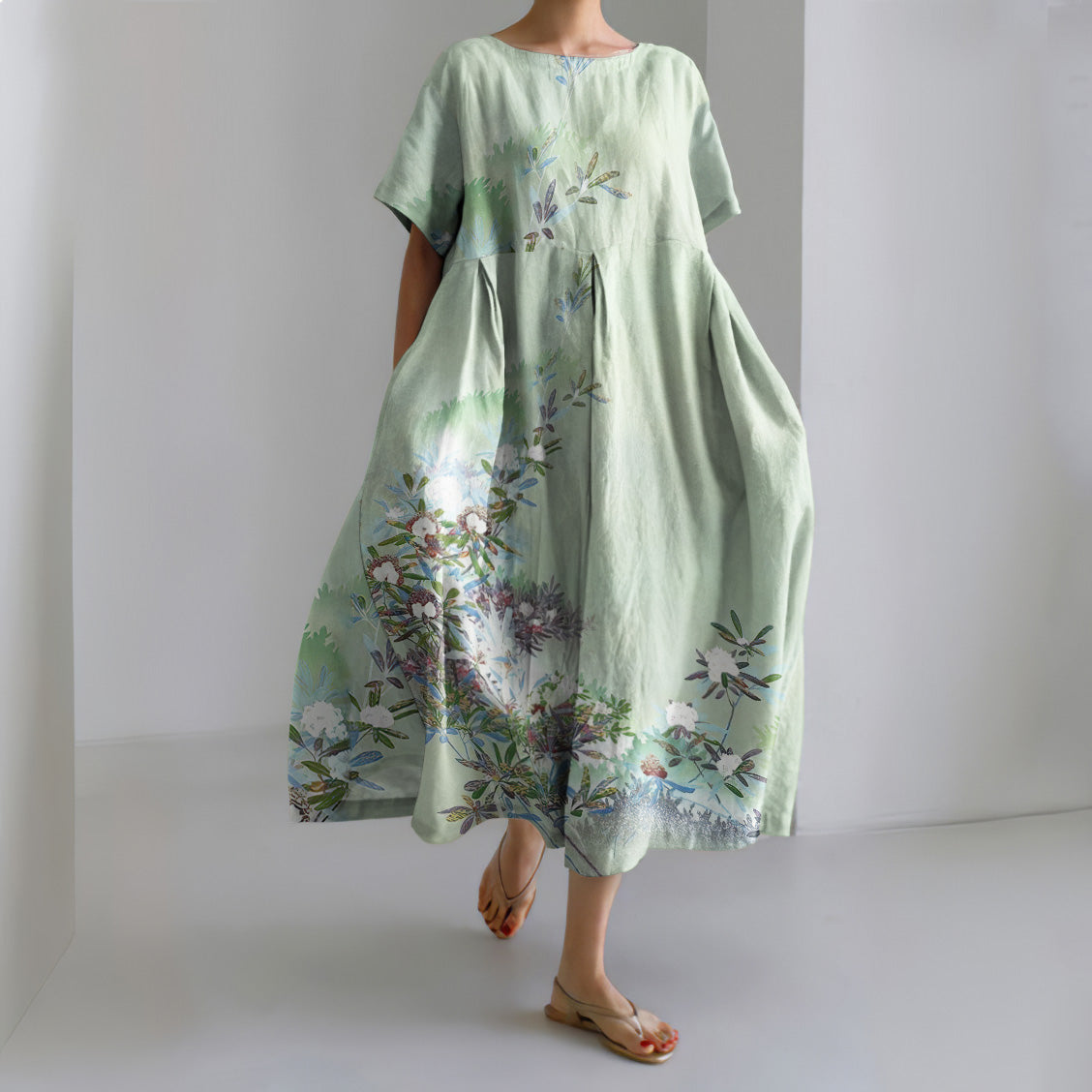 Flower Print Short Sleeve Midi Dress