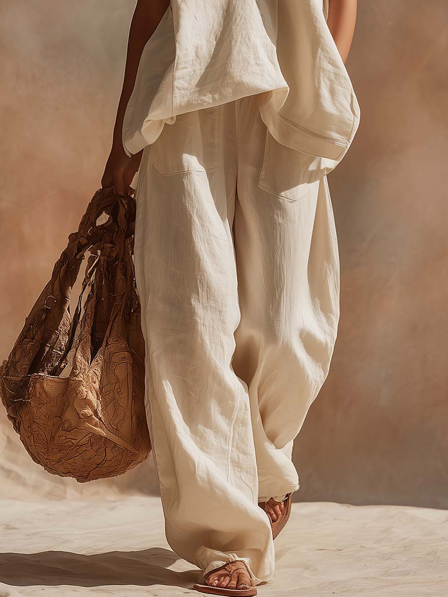 Retro-style Comfortable Bohemian V-neck Off-white Cotton And Linen Top And Pants Set