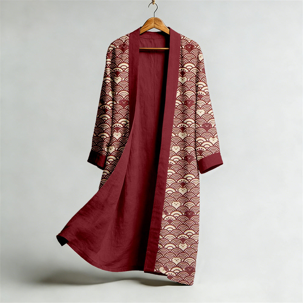 Vintage Japanese Cat Seigaiha Art Flowy Linen Long Kimono