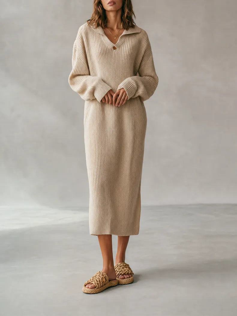Women's Cozy Chic Oatmeal Beige Ribbed Knit Polo Collar Long Sleeve Midi Sweater DressMDZ2045G8ZSQ