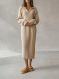 Women's Cozy Chic Oatmeal Beige Ribbed Knit Polo Collar Long Sleeve Midi Sweater DressMDZ2045G8ZSQ