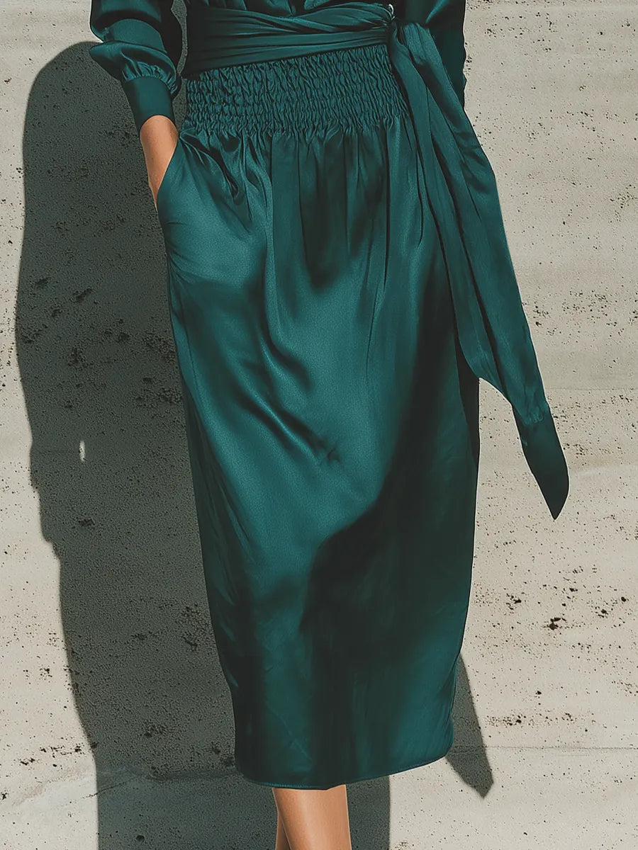 Women's Forest Green Glossy Satin Turtleneck Balloon Sleeve Self Fabric Sash Elastic Smocked Waist Casual Midi Dress MDZ2046G1YZJ