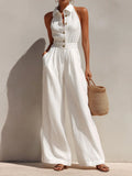 Boho Chic White Button-Front Wide-Leg Jumpsuit