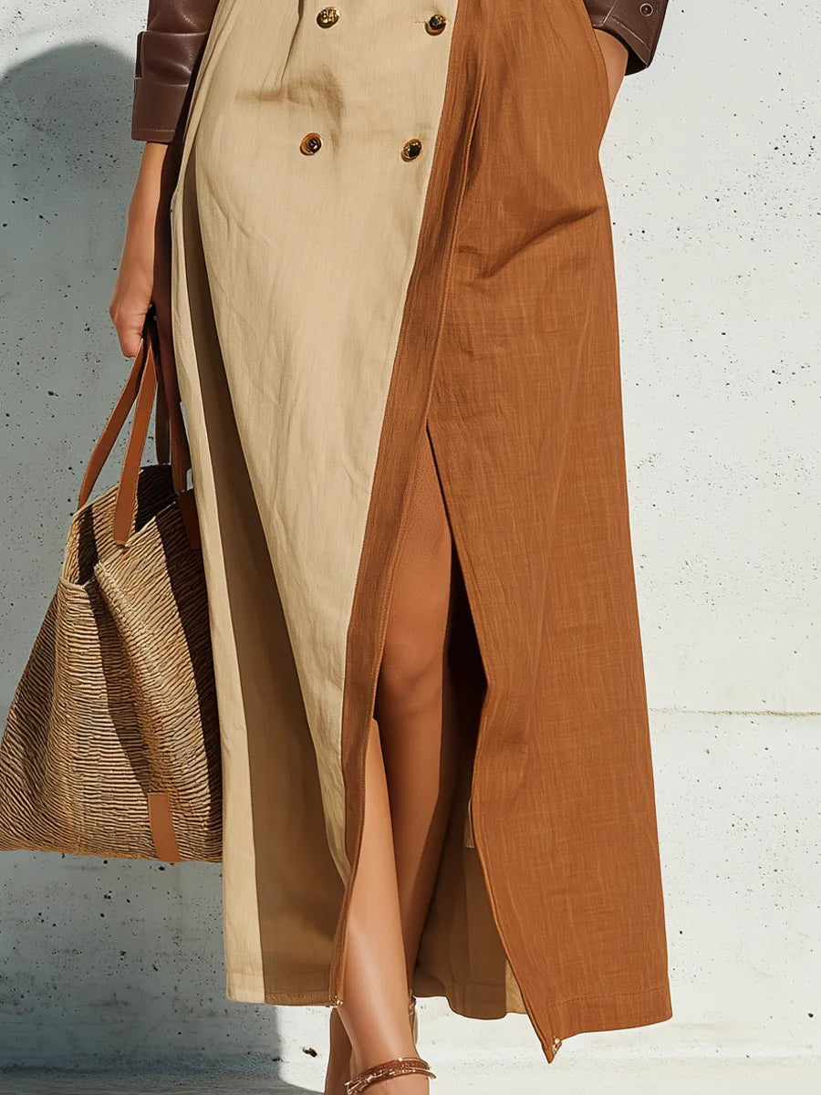 Classic Brown Beige Color Block Trench Coat
