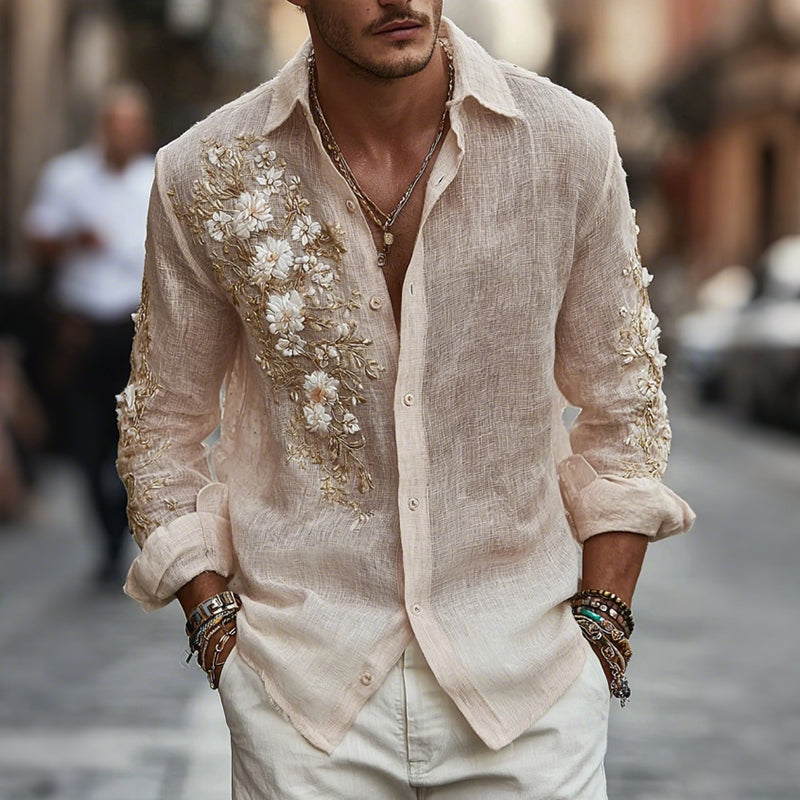 Men's Japanese Floral Art Comfy Linen Shirt
