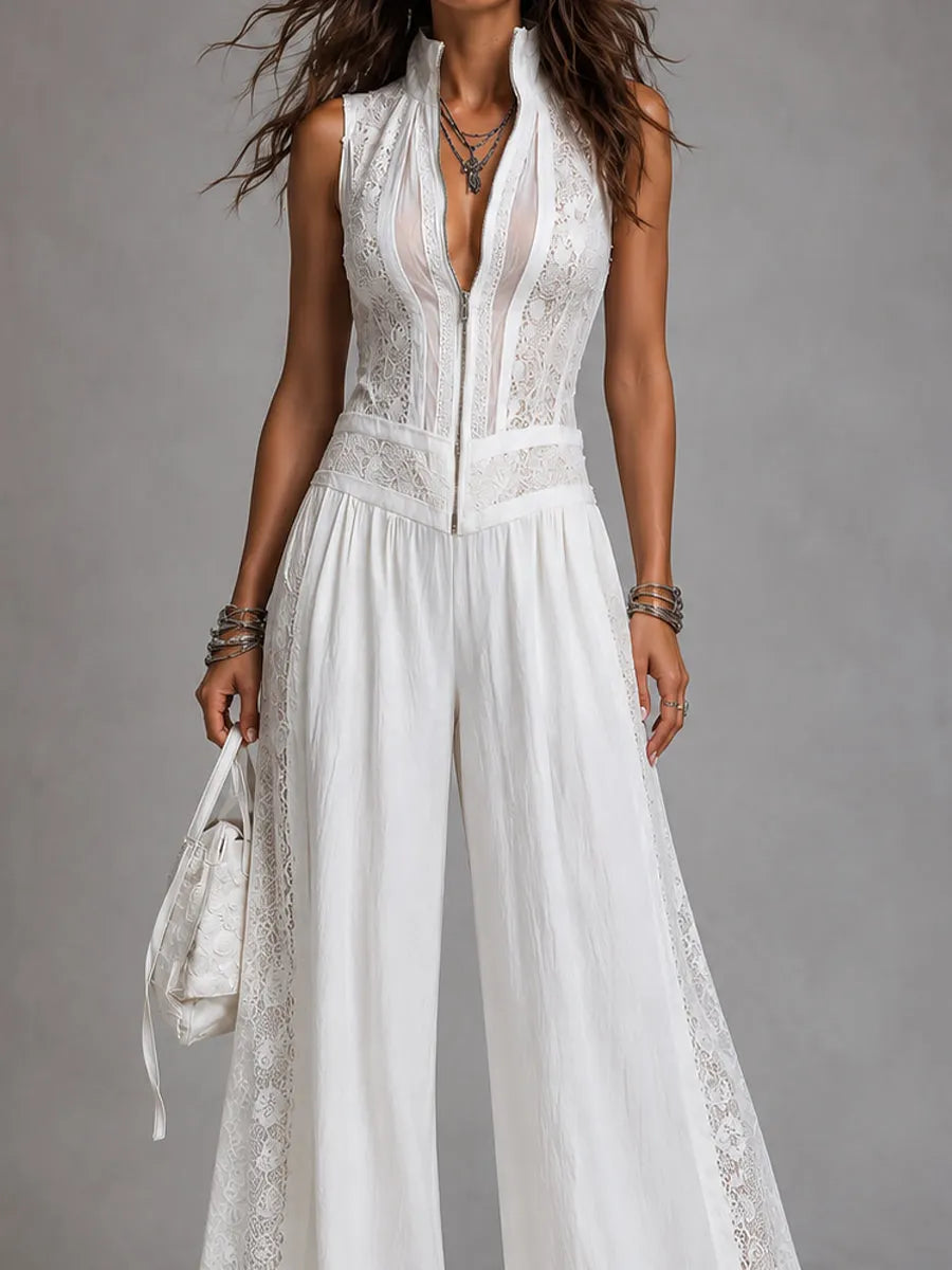 Retro Stand-Collar Tencel Wide-Leg Jumpsuit With Lace Trim