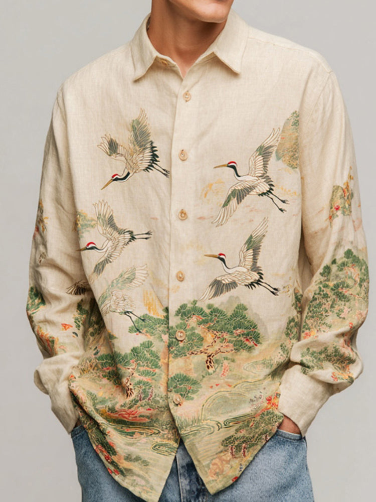 Men's Japanese-style Casual Shirt With Landscape And Crane Pattern