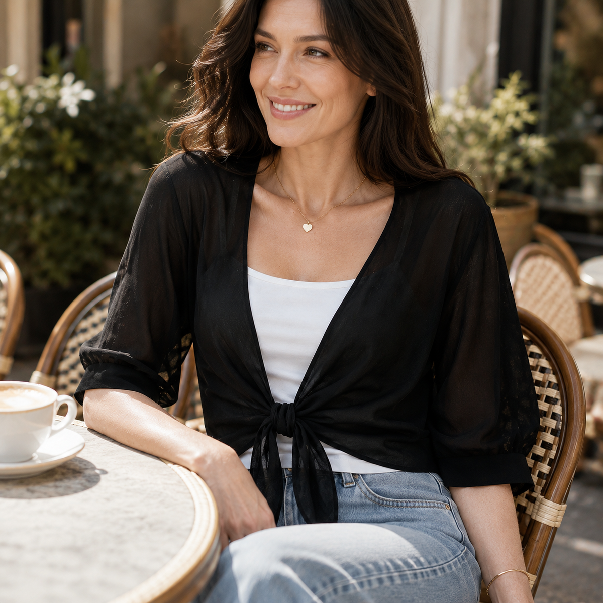 Veluna – Chiffon Tie-Front Top with Puff Sleeves