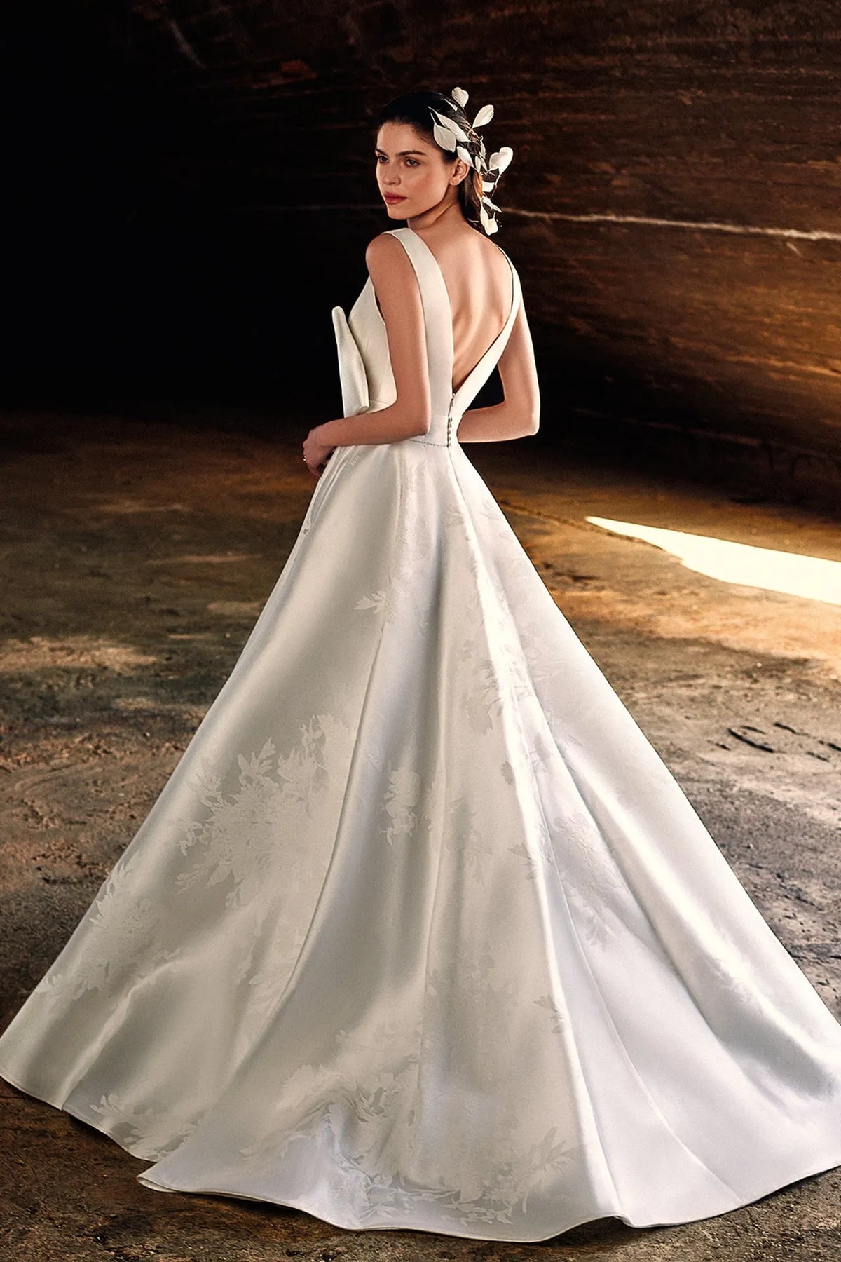 High slit bow detailed mikado wedding gown