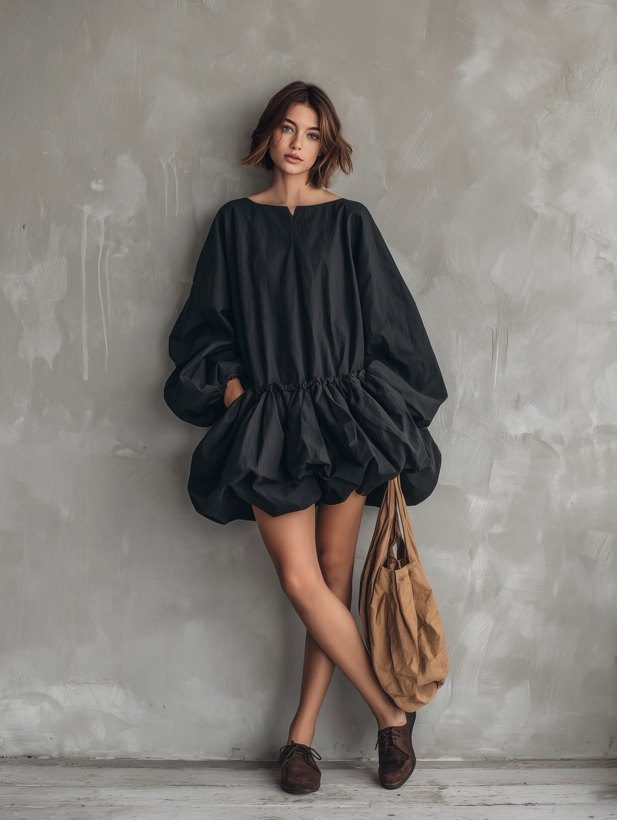 Women's Casual Black Long-sleeve Mini Dress With A Round Neck And Tulip Skirt MDZ0922G5LXY