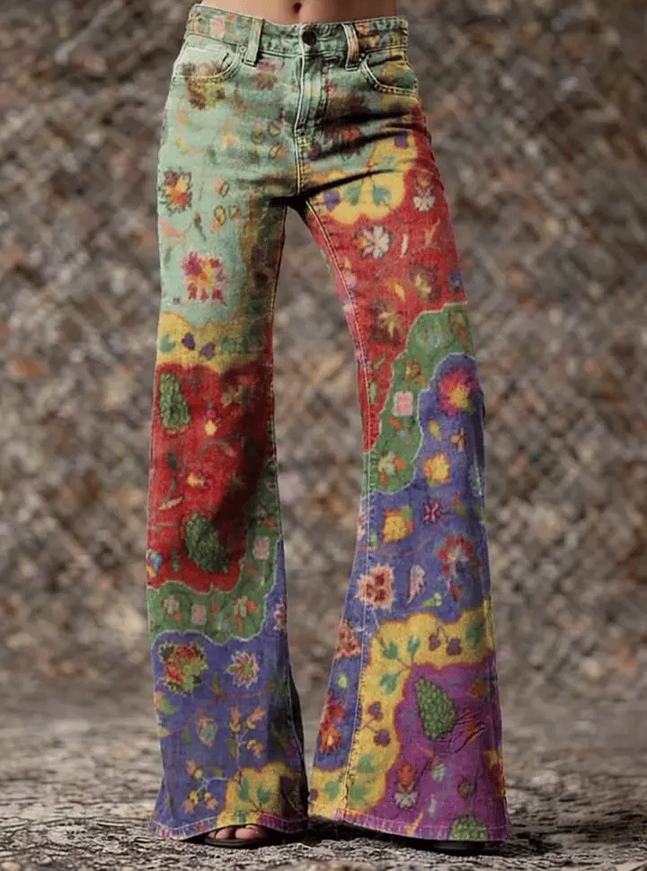 Women's Retro Colorful Floral Wave Art Print Casual Washed Pants