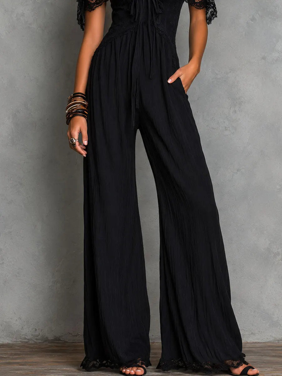 Boho Black Lace Trim Cold-Shoulder Wide-Leg Jumpsuit