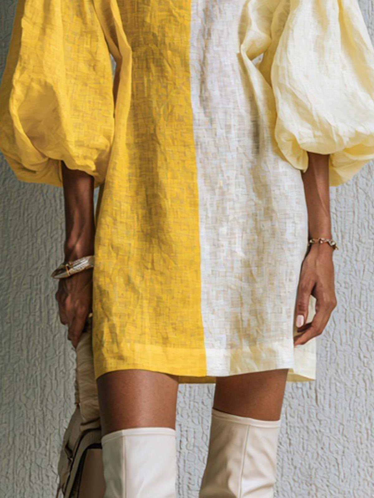 Color Block Puff Sleeve Mini Dress with Stand Collar