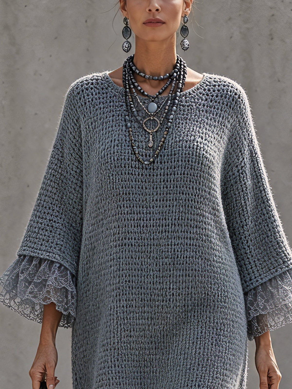 Blue Open Back Knit Lace Trim Mini Dress