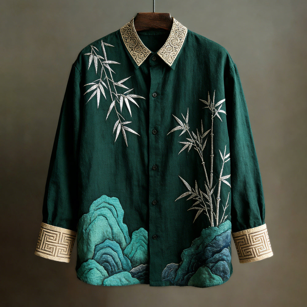 Japanese Landscape Vintage Men's Linen Long Sleeve Shirt