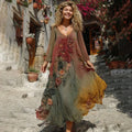 The Sunset Collection Vintage Rose And Floral Gradient Art Linen V Neck Maxi Dress