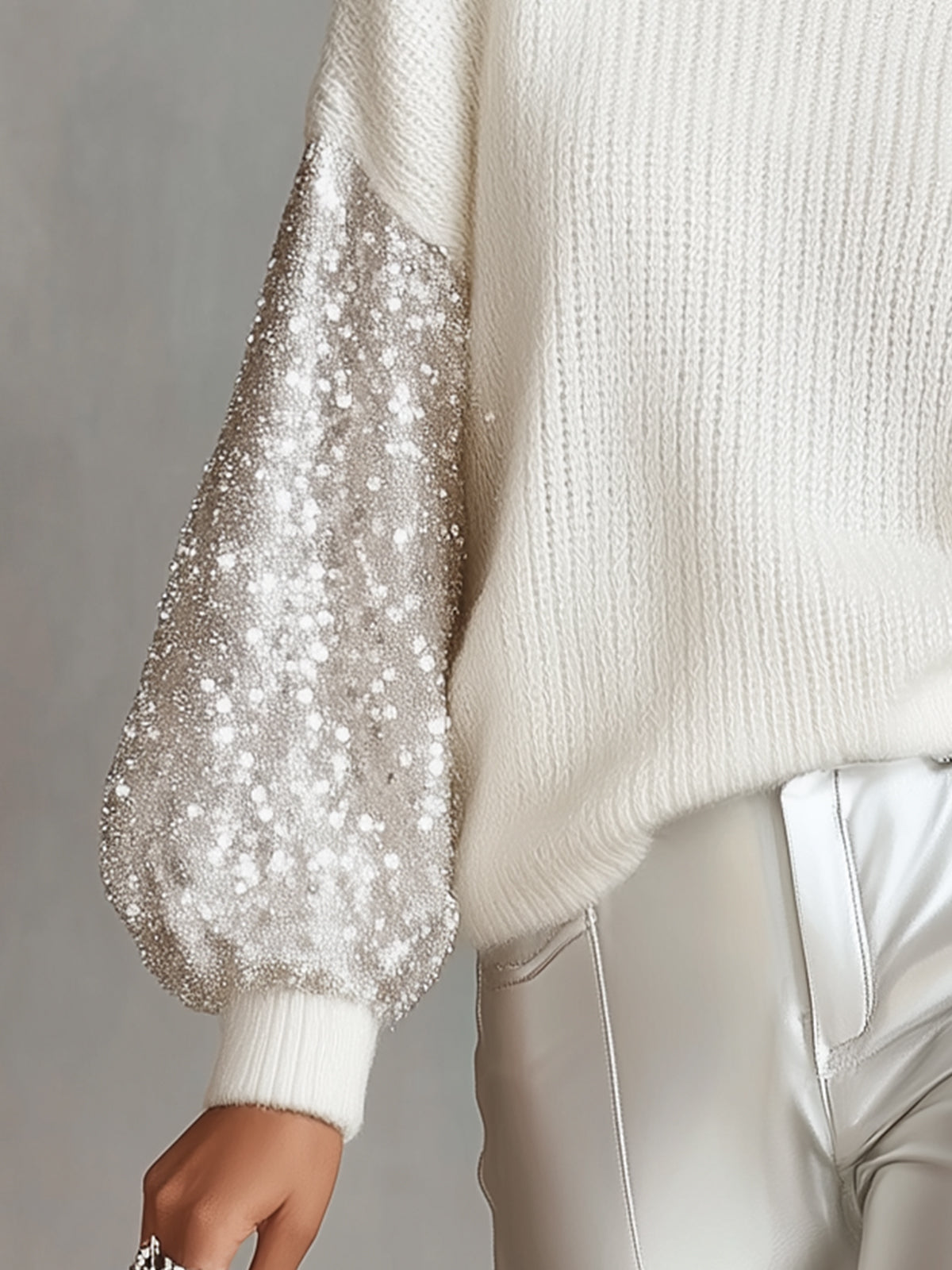 Ivory Sequin Sleeve Oversized Knit Sweater