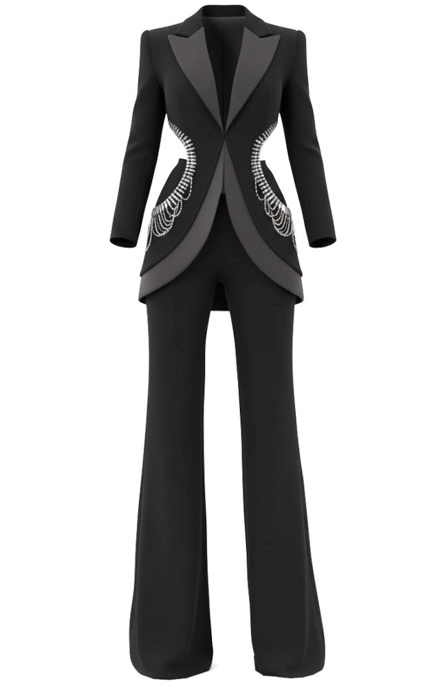 Long Sleeve Crystal Cut Out Detail Suit Black