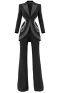 Long Sleeve Crystal Cut Out Detail Suit Black