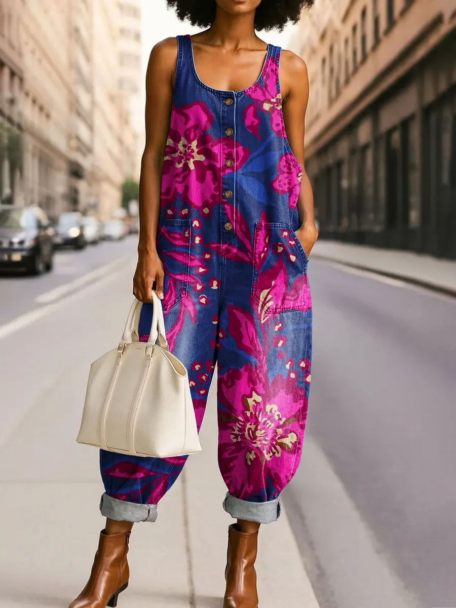 Women's Vintage Floral Art Print Casual Jumpsuit
