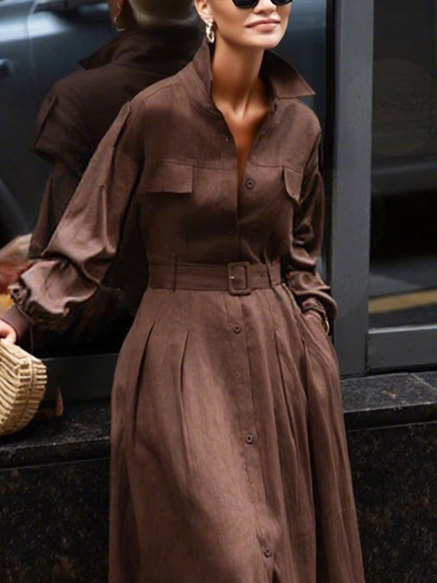 Urban Plain Cotton And Linen Shirt Collar Midi Dress With Belt
