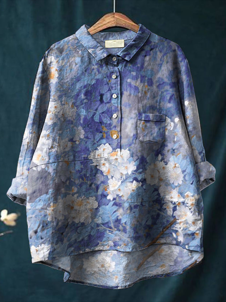 Women's Retro Floral Print Casual Cotton and Linen Shirt
