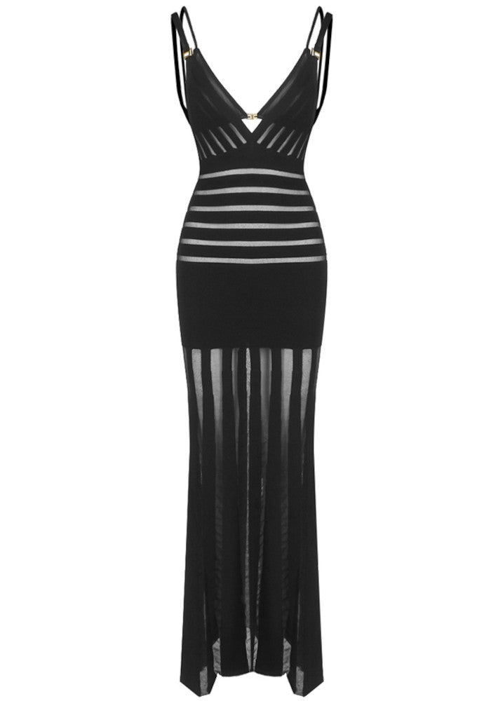 Striped Mesh Maxi Dress Black