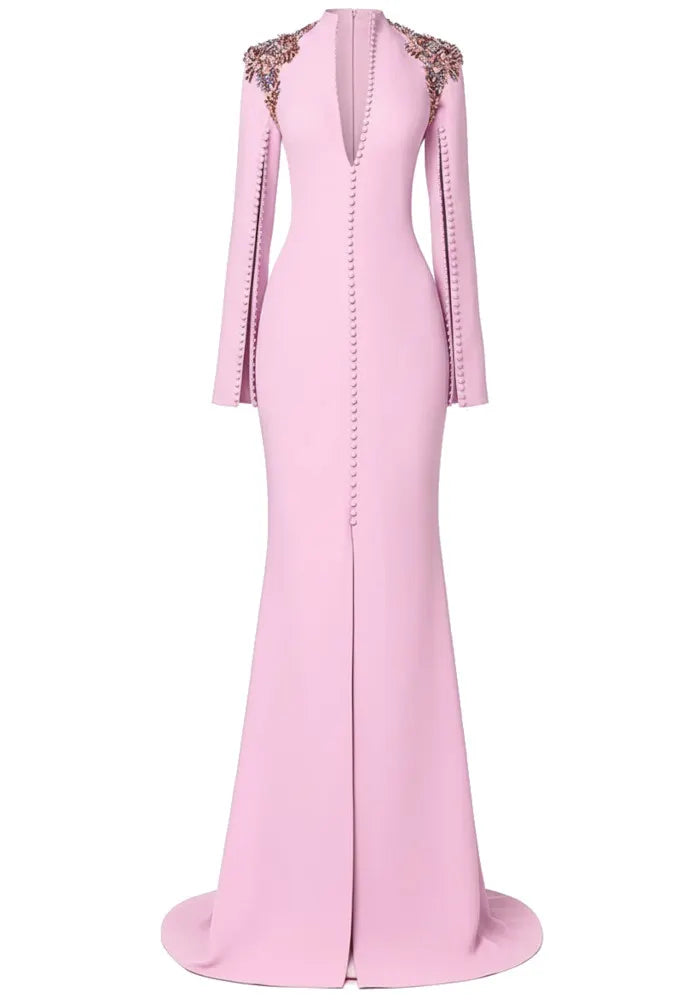 Long Sleeve Crystal Shoulders A Line Maxi Dress Pink
