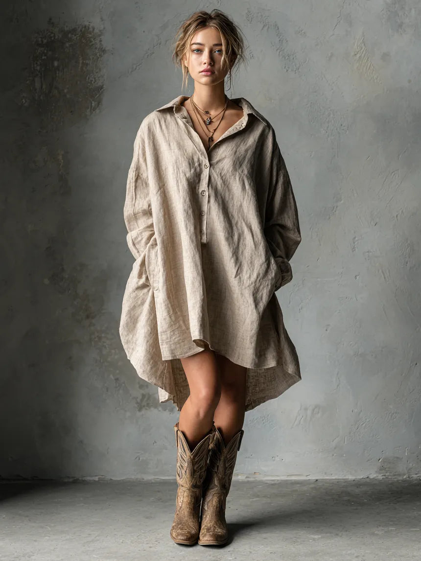 Women's Fashion Loose Cotton And Linen Button Lapel Mini Dress MDA1854H2Y
