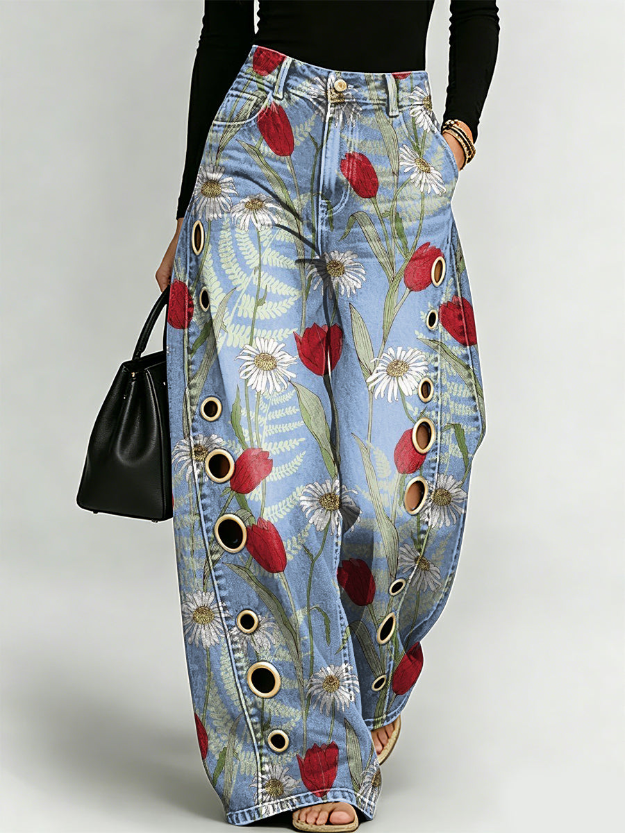 Elegant Floral Decorative Patterns Women's Denim Pants