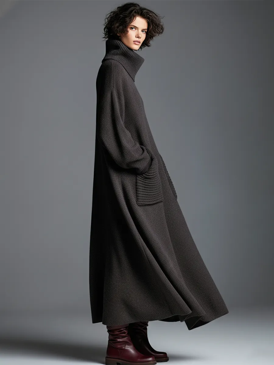 High-end Fashionable Loose Neckline Brown Knitted Maxi Dress
