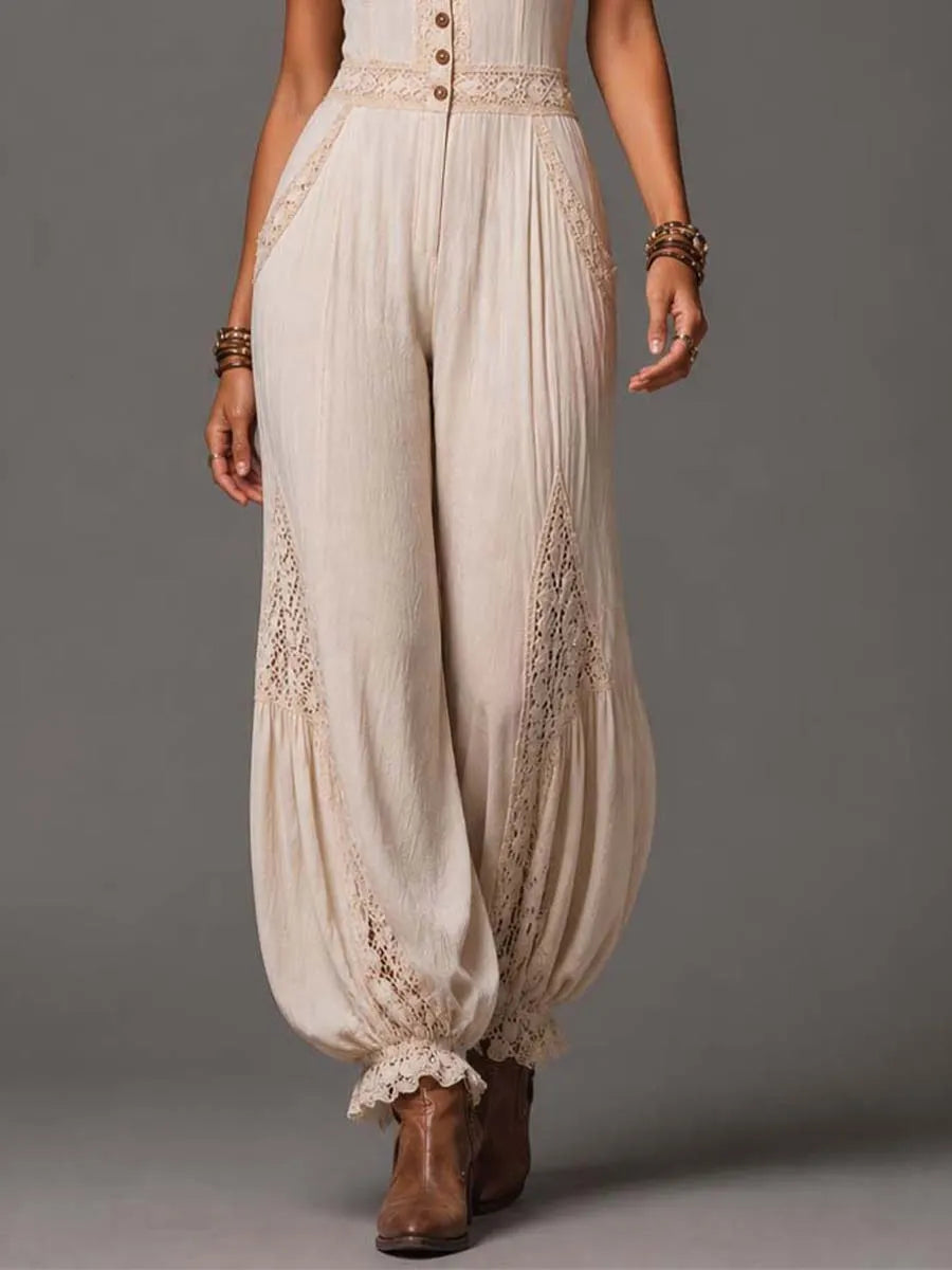 Bohemian Cream Cotton-Linen Lace Trim Jumpsuit