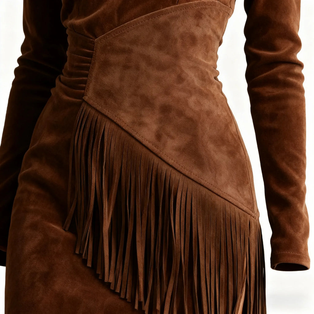 Brown Suede Asymmetric Fringe Midi Dress