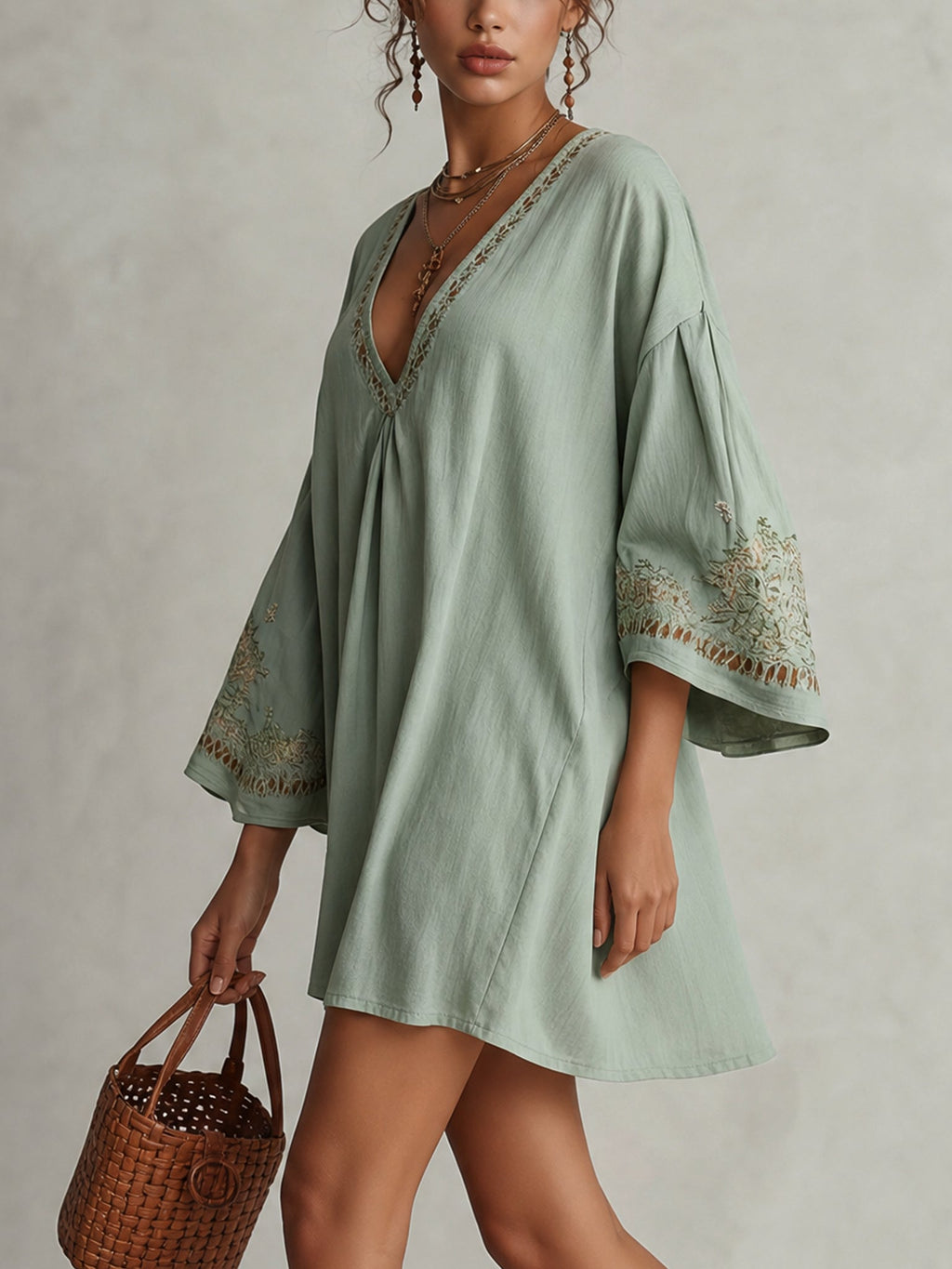 Green Cotton Linen Embroidered Mini Dress