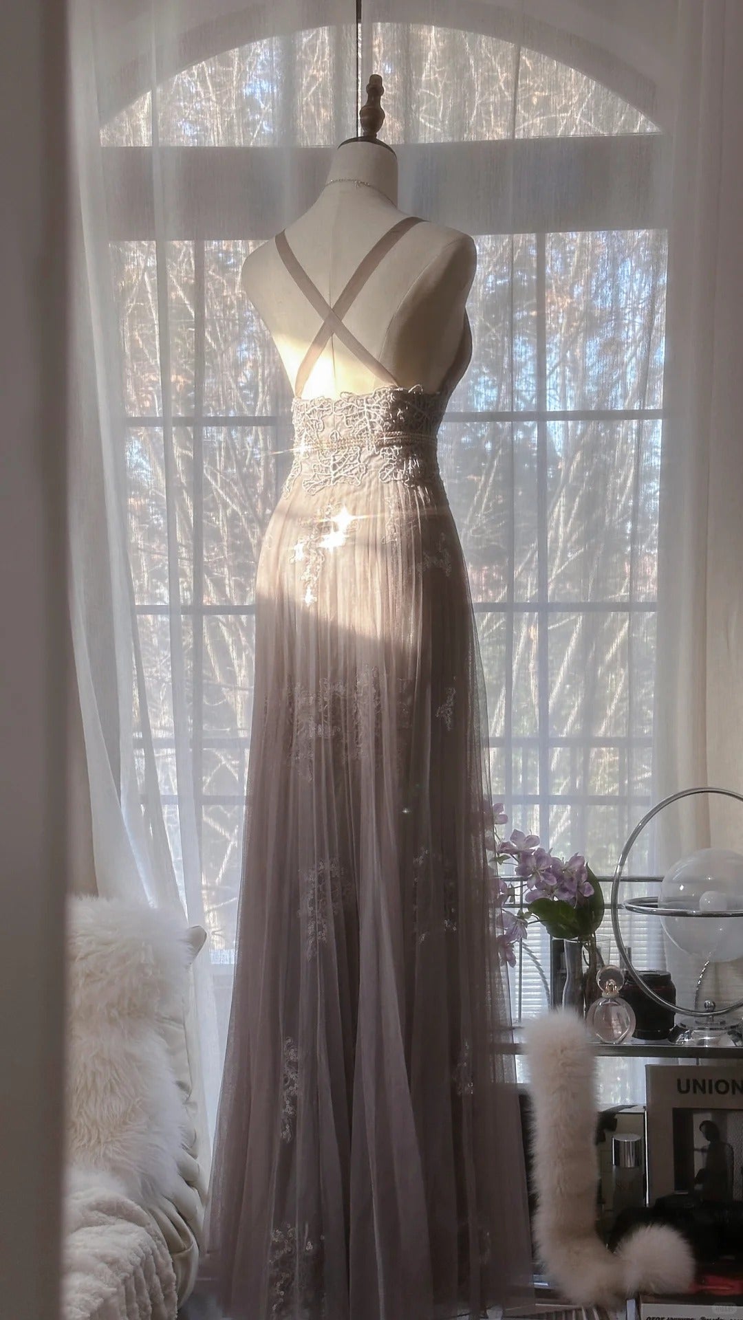 Gray Purple Romantic Fashion Elegant Exquisite Lace Floral Applique Long Tulle Fairy Ball Gown Evening Dress Birthday/Wedding Guest/Holiday Party Dress Prom Dress Valentine's Day Date Dress Bridesmaid Dress 4031
