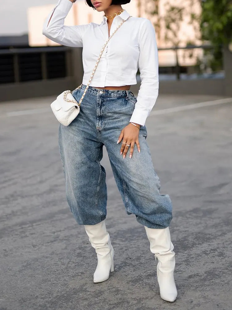Women Collar Shirt+ Washed Jeans Casual Set