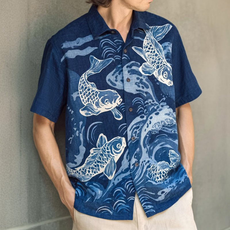 Men's Japanese-style Linen Short-sleeved Shirt With Wave And Koi Pattern