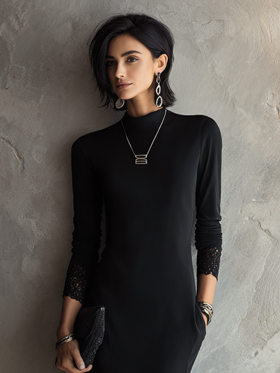 Women's Minimalist Elegant Black Cotton Blend Lace Cuff Mock Neck Midi Dress MDZ2220G7GMJ