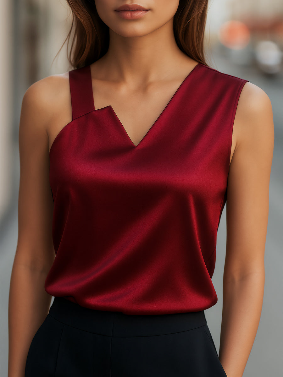 Sleek Asymmetrical Neck Satin Blouse
