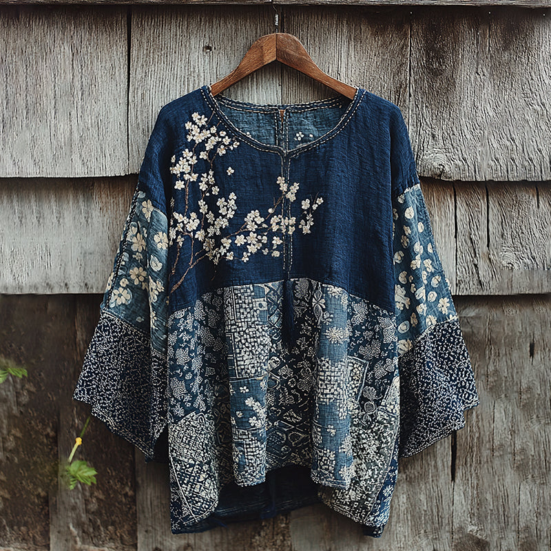 Vintage Japanese Traditional Sashiko Art Pattern Linen Blend Casual Tops