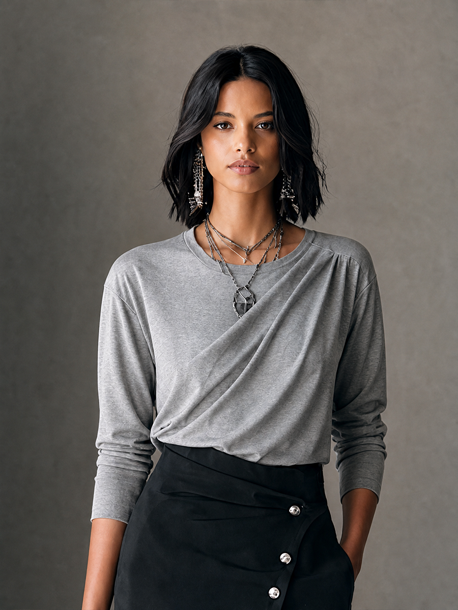 Women's Casual Elegant Heather Gray Knit Cotton Blend Draped Twist Front Long Sleeve Top MDZ1665G2GMJ