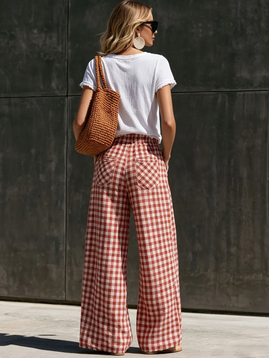 Casual Retro Short-sleeved T-shirt And Red And White Checkered Cotton Linen Pants Set