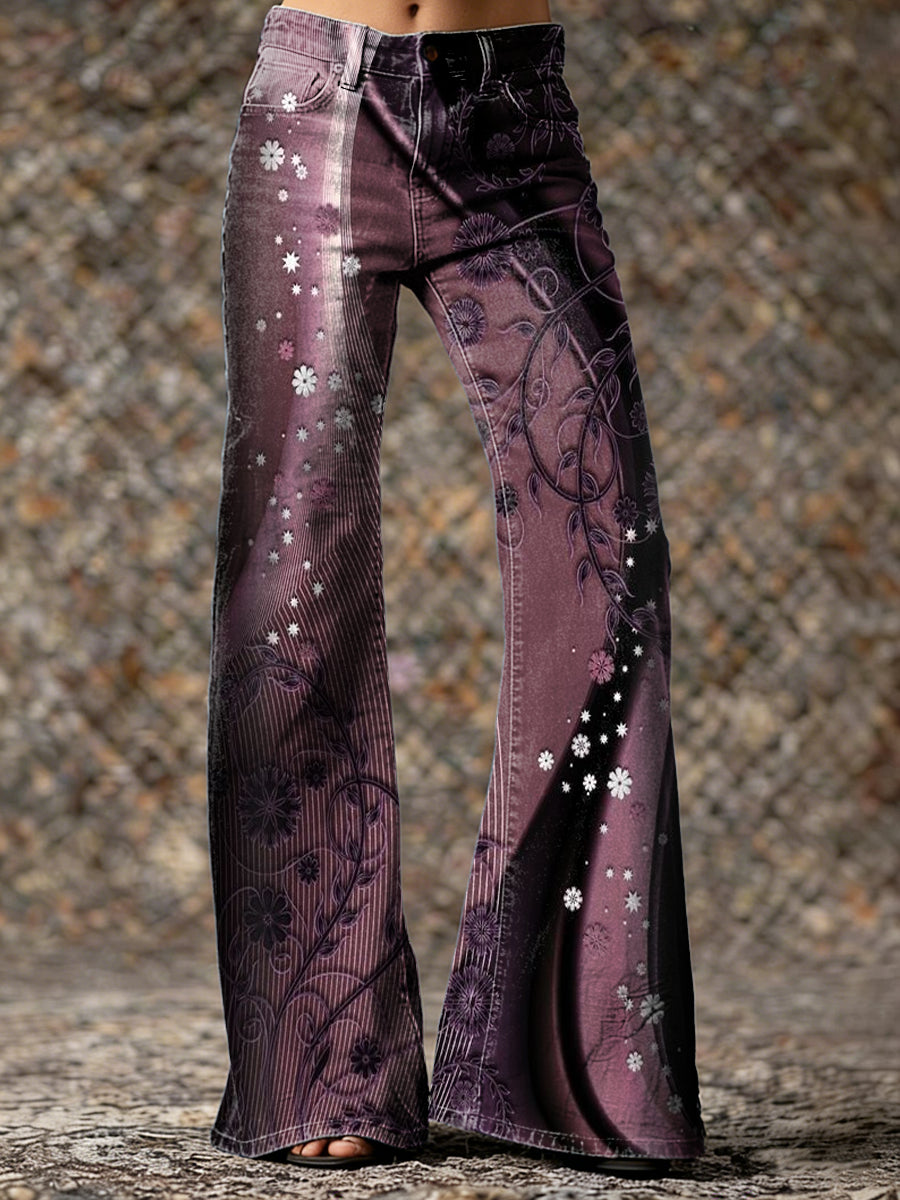 Women's Vintage Black Purple Gradient Floral Hippie Art Prints Casual  Flared Pants