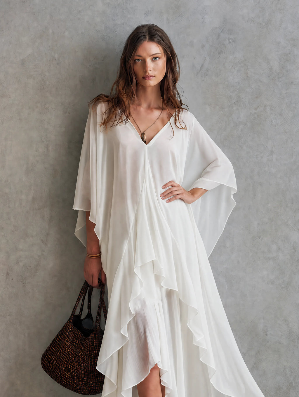 Women's Casual White Chiffon Maxi Dress With V-neck And Batwing Sleeves MDZ1728G4LXY