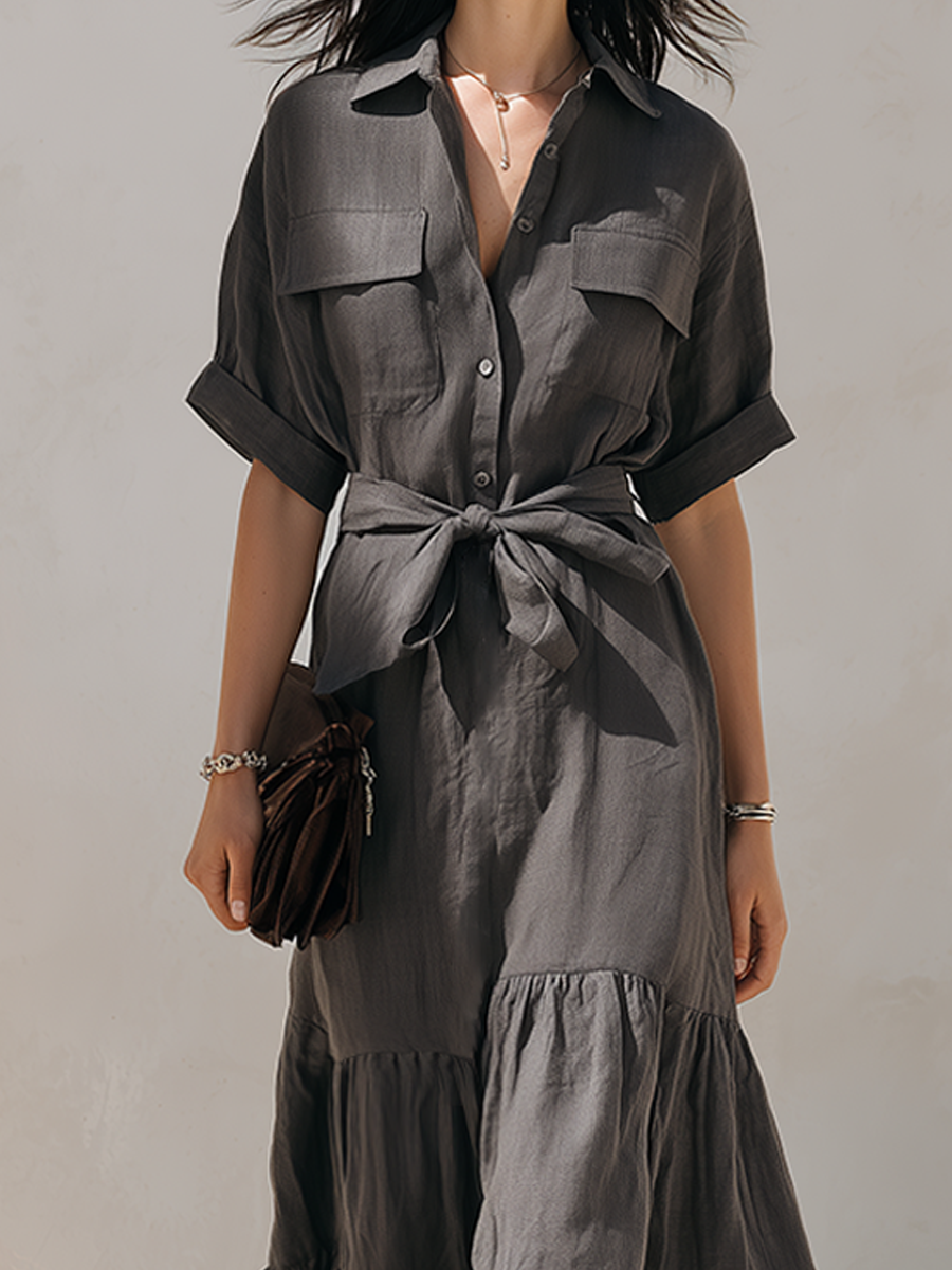 Women's Minimalist Solid‑Dark‑Grey Linen‑Blend Shirt‑Style Maxi Dress MDZ1576G4ZRK