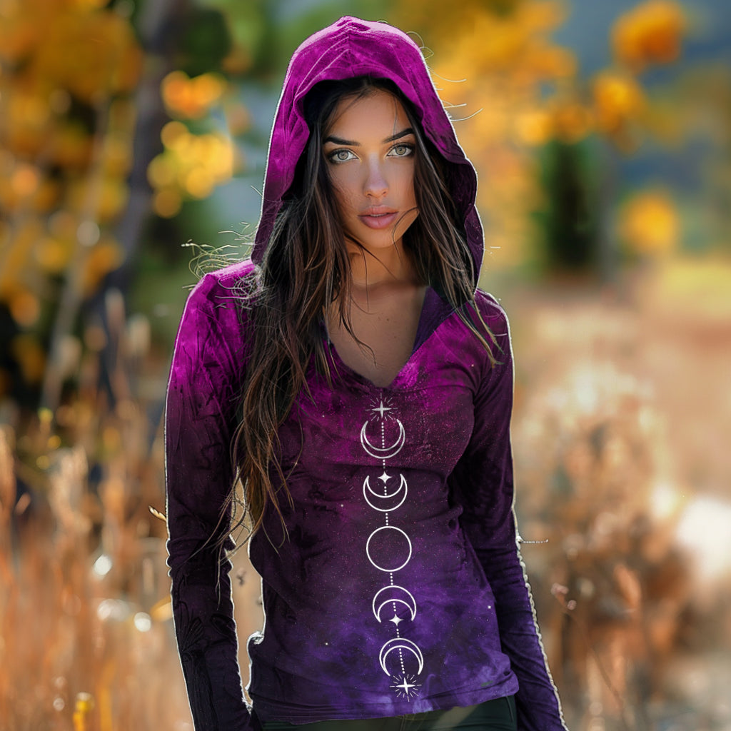 Women's Star Moon Design Gradient Print Hoodie
