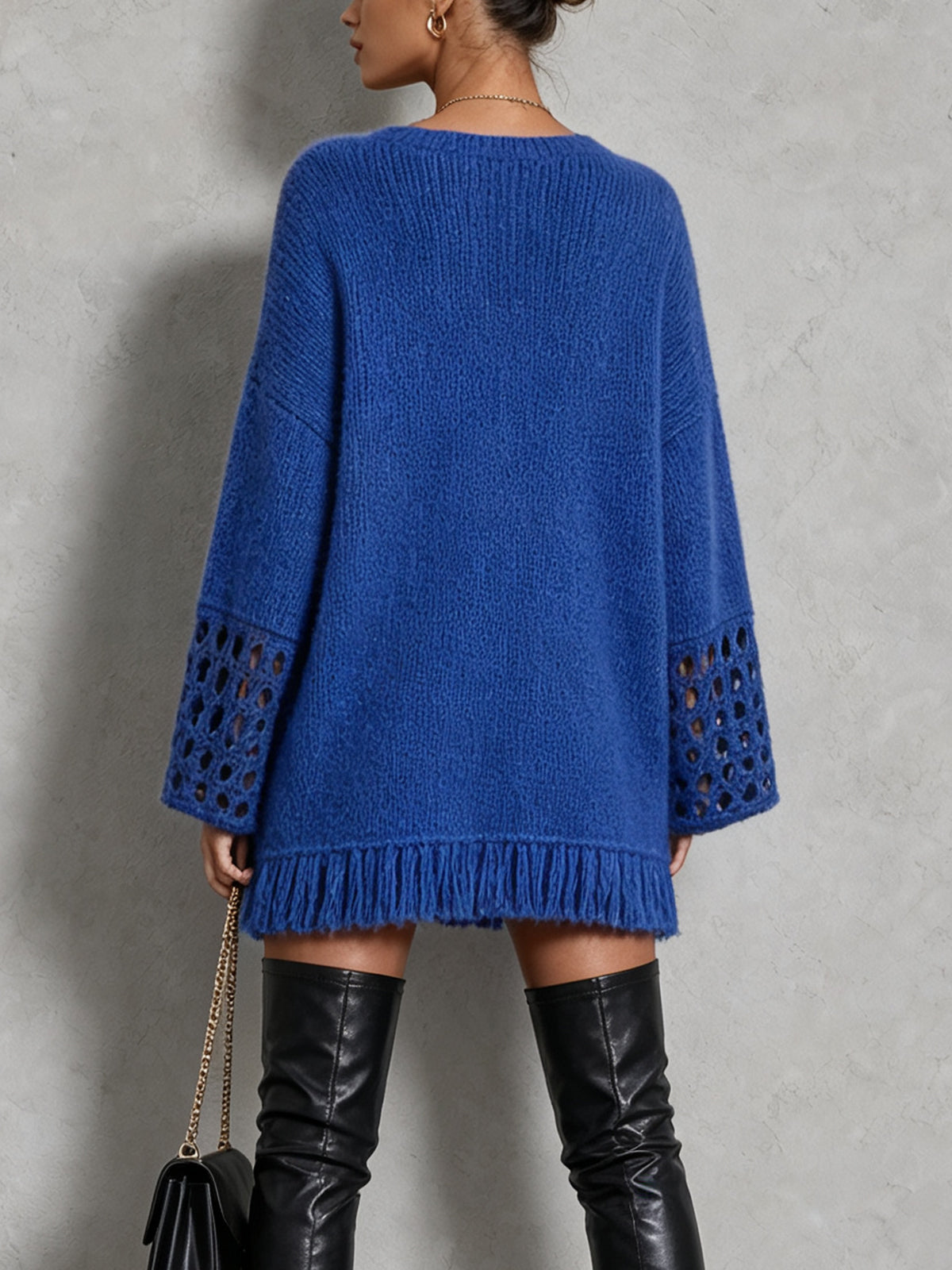 Blue Openwork Bell Sleeve Fringe Hem Knit Mini Dress