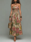 Boho Tropical Print Strapless Smocked Maxi Dress